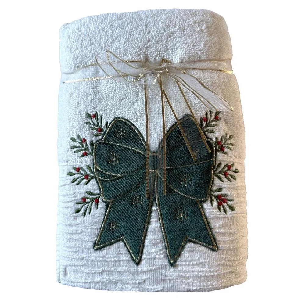 Arctic Holiday Christmas Hand Towels Velvet Green Bow Mistletoe 2 Pc Embroidered